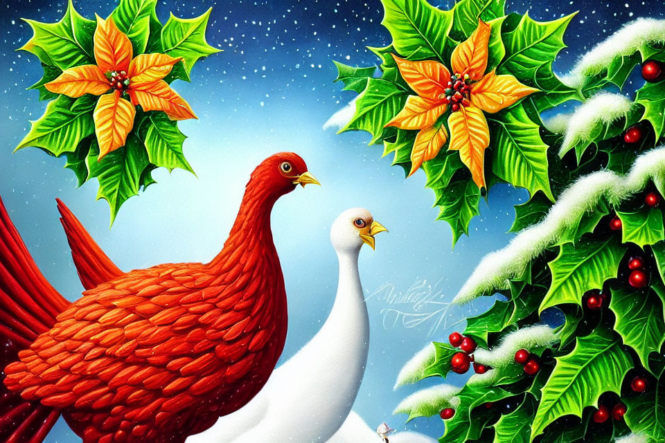 Colorful Bird Illustration Surrounded by Poinsettias and Snowflakes