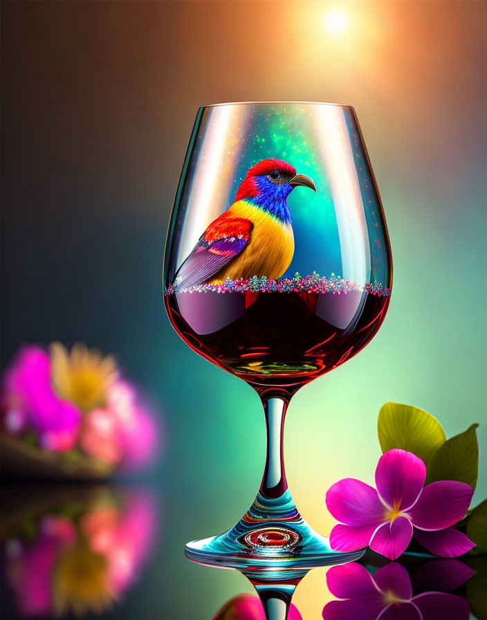 Colorful Bird Perched on Wine Glass with Floral Decor and Whimsical Backdrop