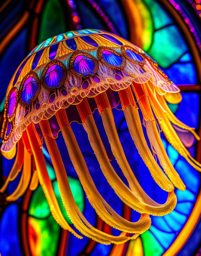 Colorful Glass Jellyfish Sculpture Against Stained Glass Background