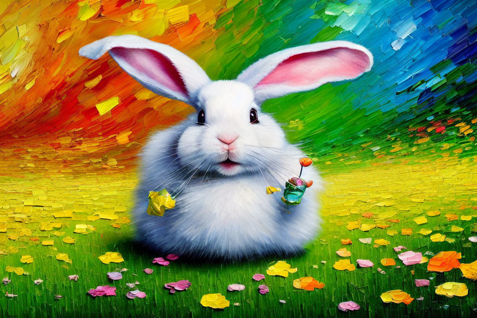 Colorful White Rabbit Painting with Flowers and Spectrum Background