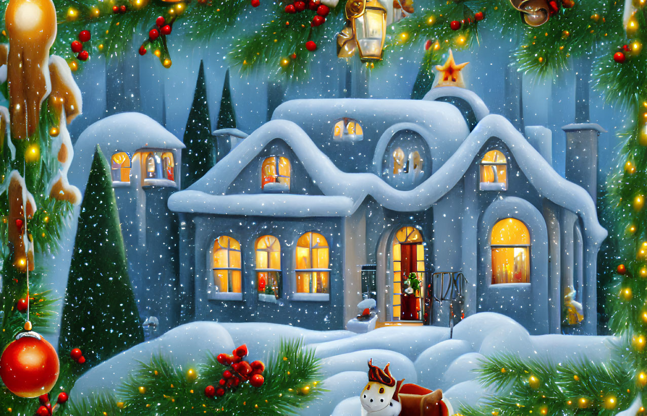 Snow-covered house with Christmas decorations under starry sky & snowman