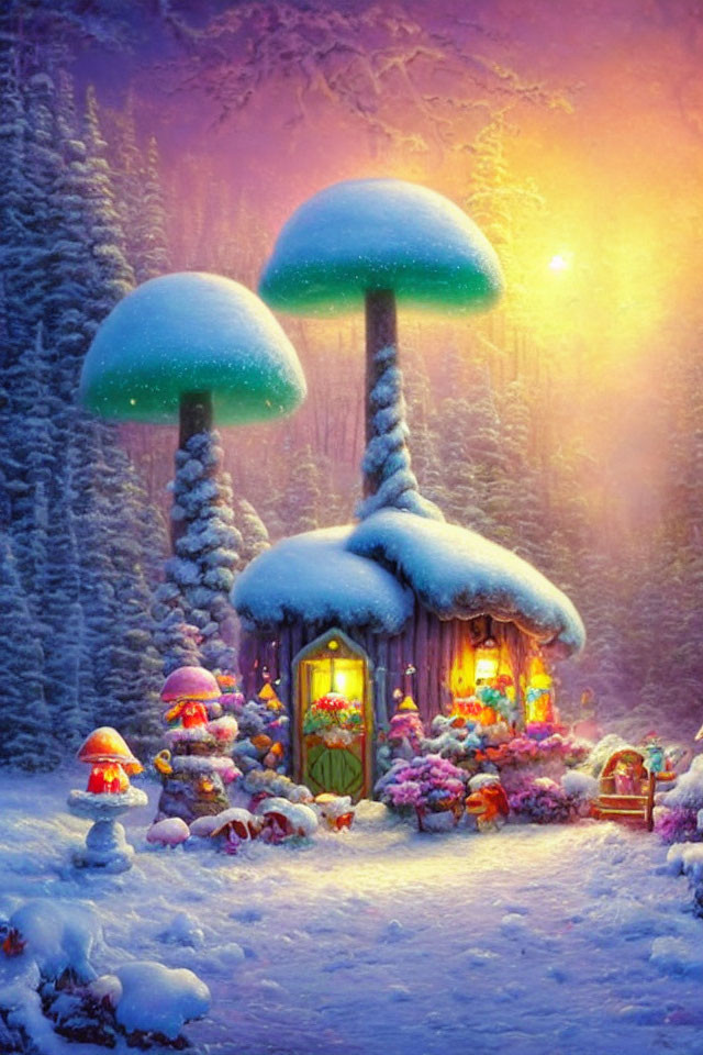 Cozy cottage in snowy forest with mushroom-like trees