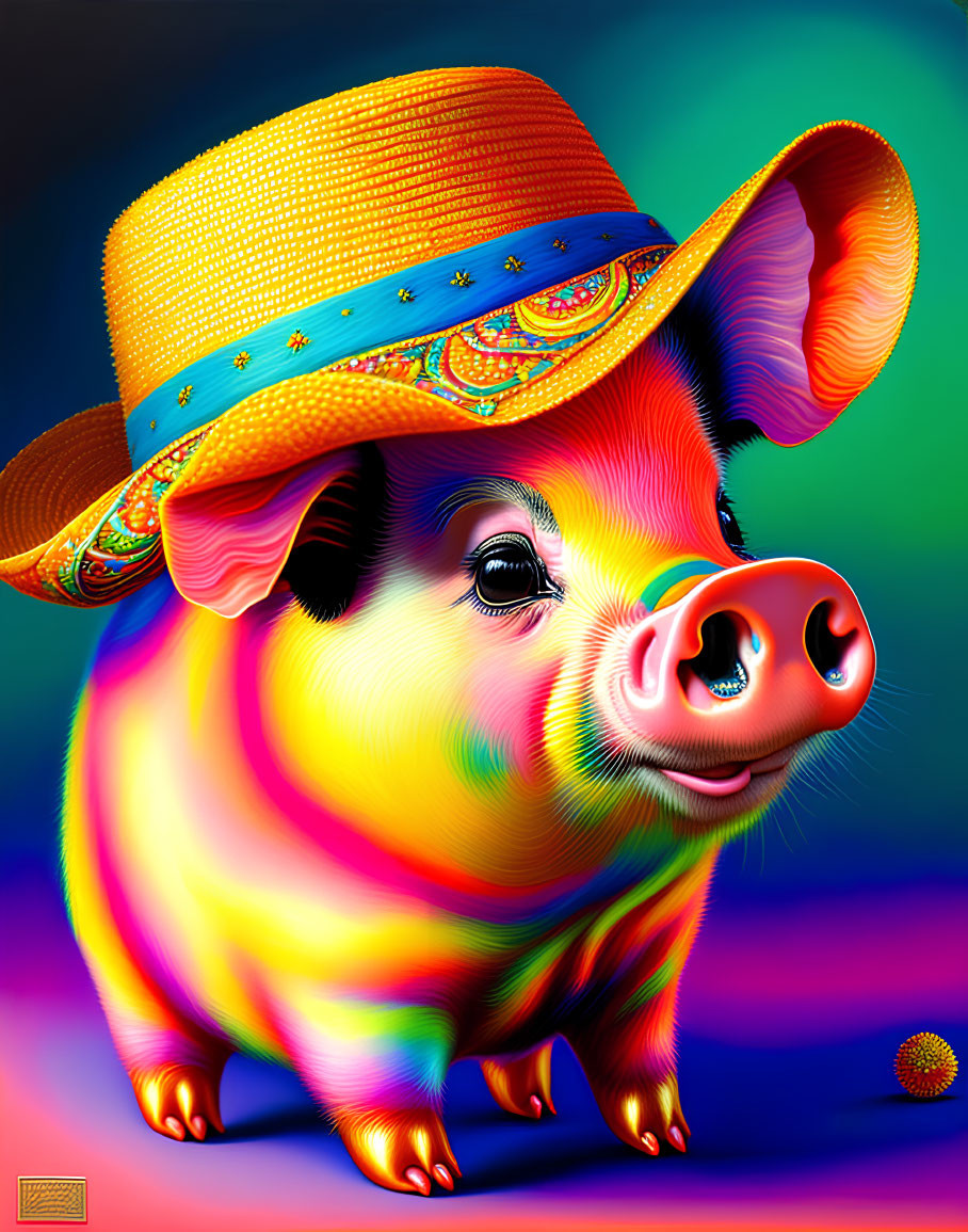 Vibrant pig illustration with orange hat on multicolored background