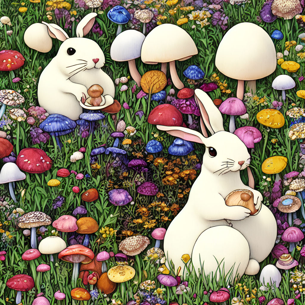 White rabbits among colorful mushrooms and flowers in lush meadow.