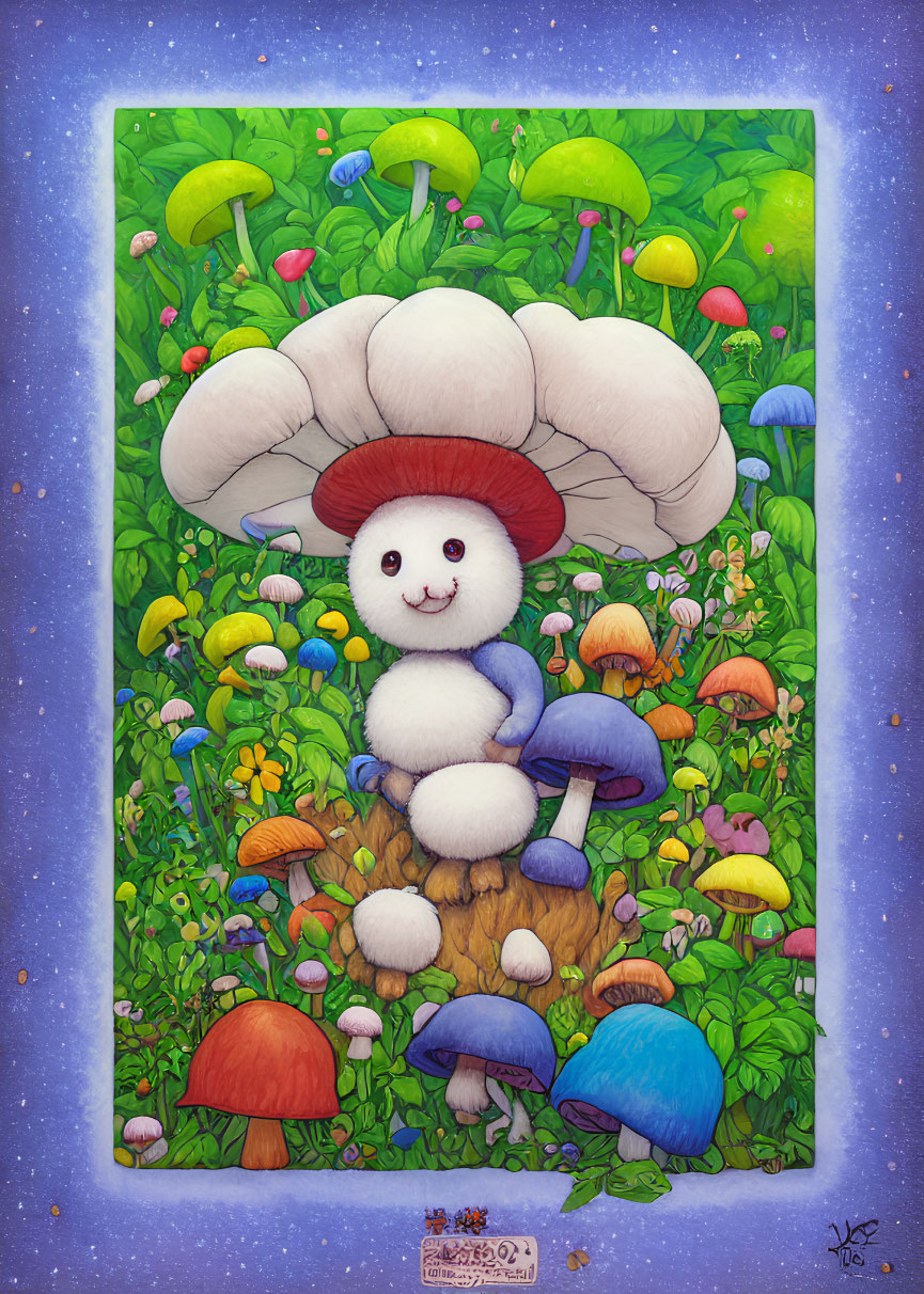 Whimsical illustration of cute mushroom character in starry night