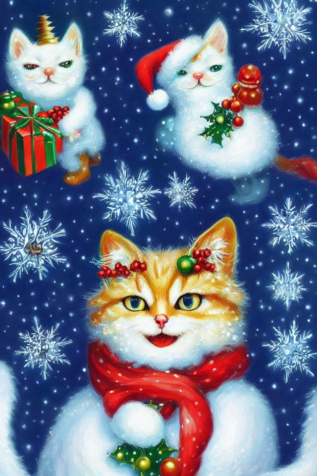 Festive cats in Christmas attire with snowflakes, Santa hats, scarves, and h