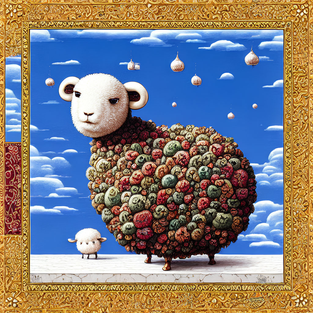 Colorful flower sheep and blue sky artwork with patterned frame