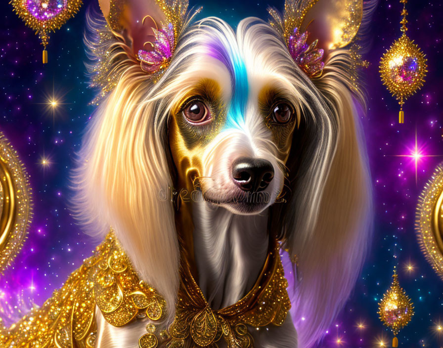 Regal dog with flowing hair and gold jewelry in cosmic setting