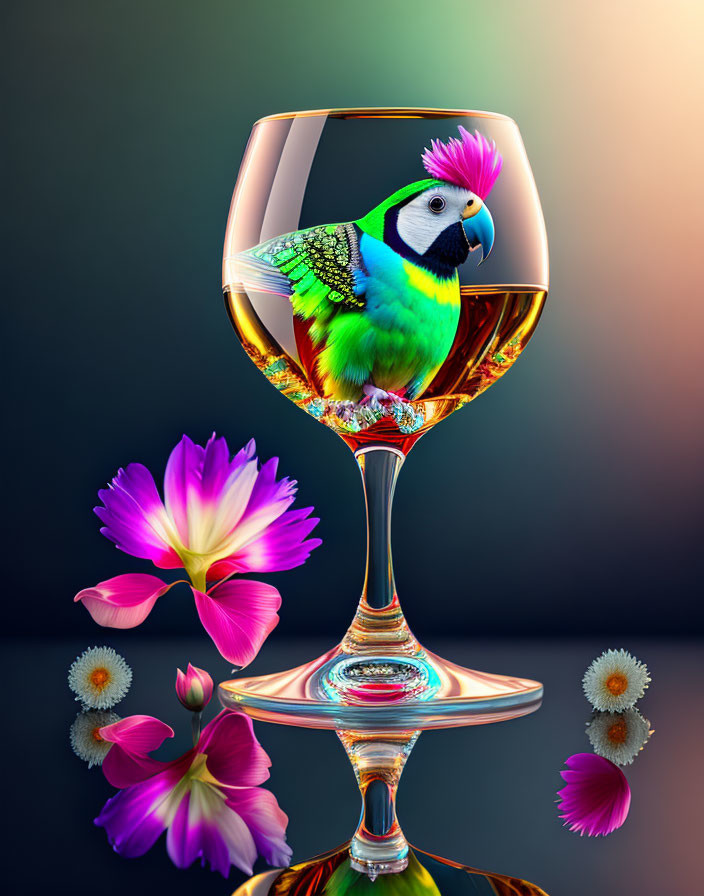 Colorful Parrot in Wine Glass with Whiskey and Flowers on Gradient Background