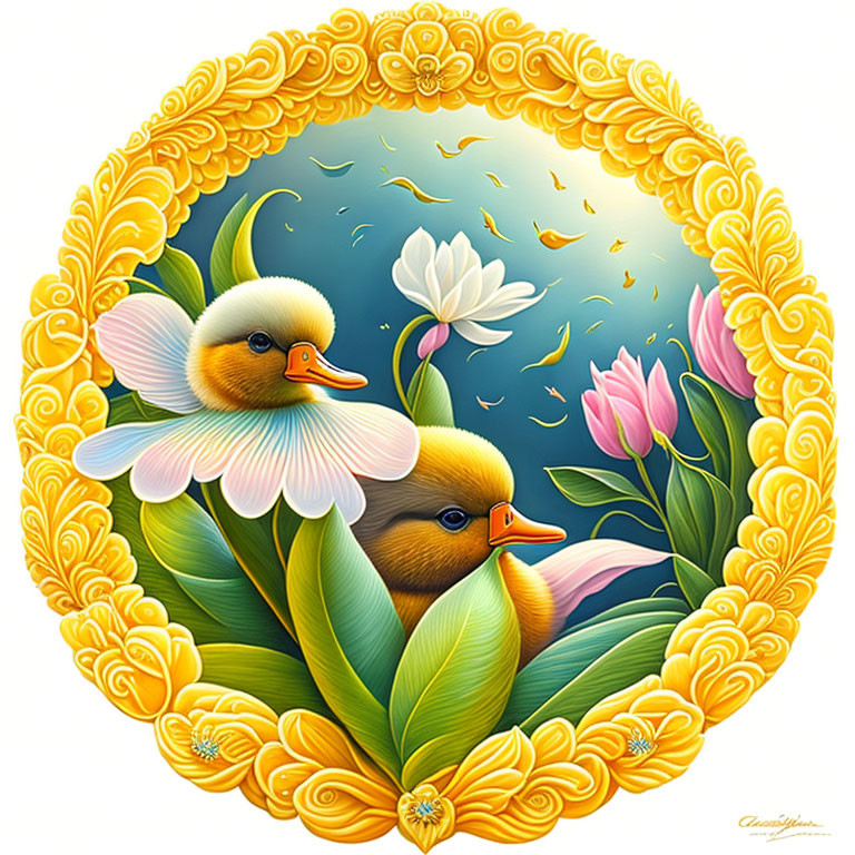 Stylized cartoon ducklings in golden circular frame with lush foliage.