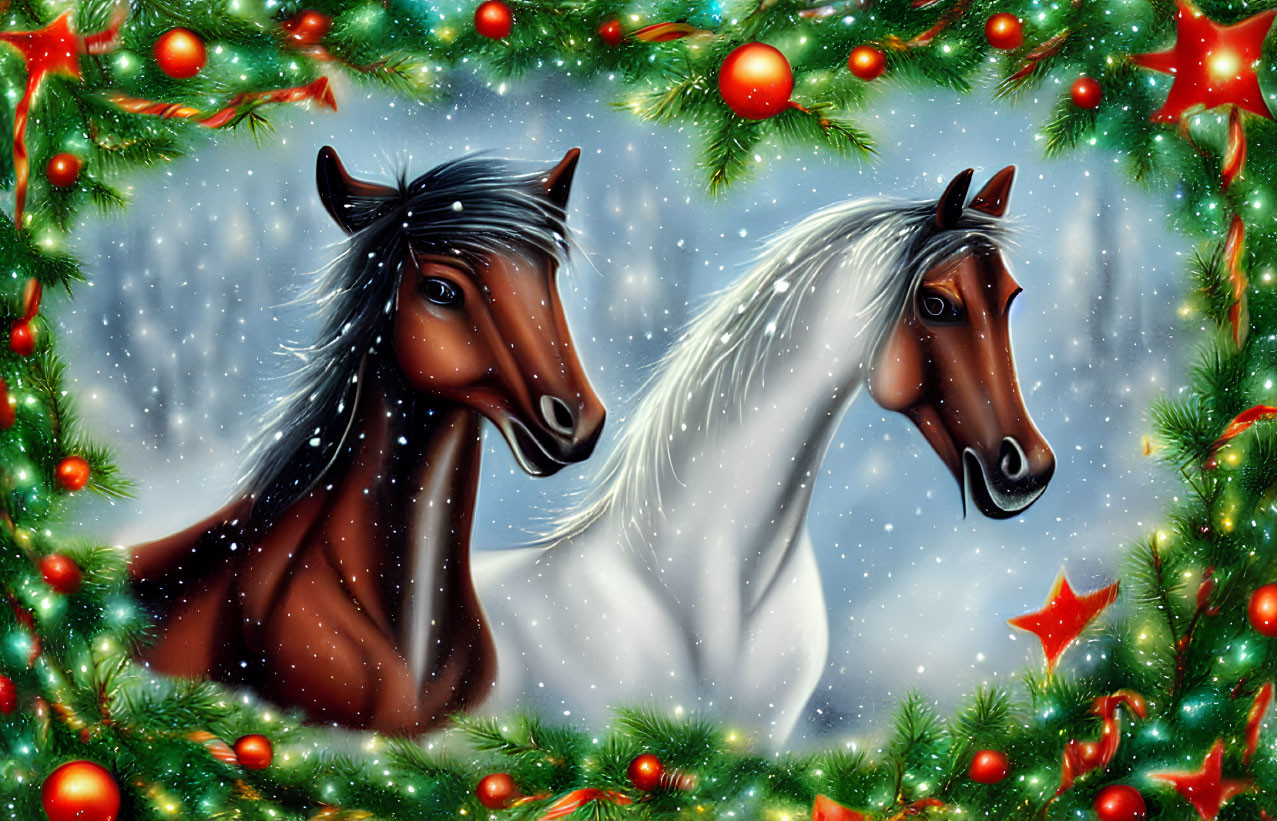 Illustrated horses with lustrous manes in festive winter scene