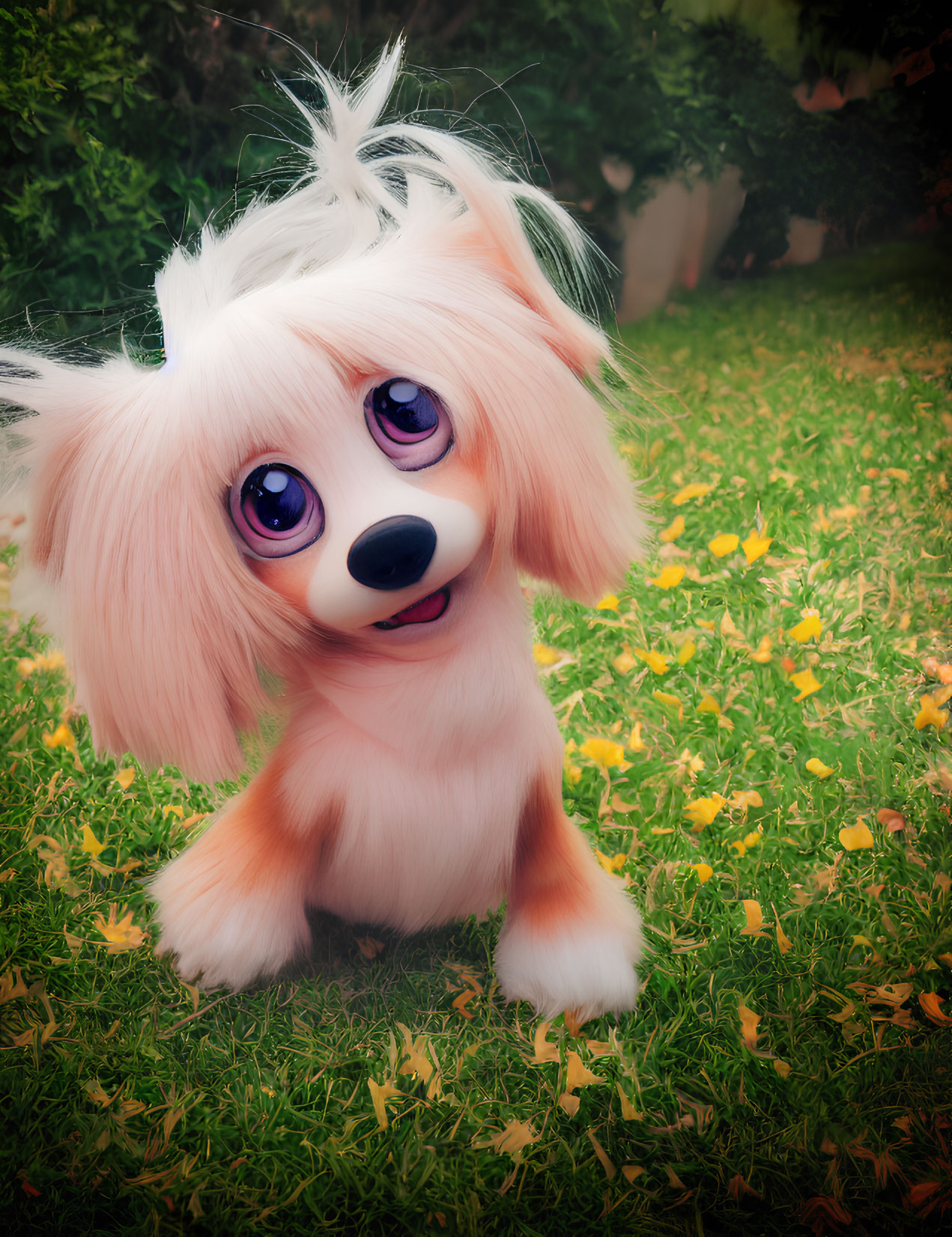 Cartoon Dog with Purple Eyes in Garden with Flowers