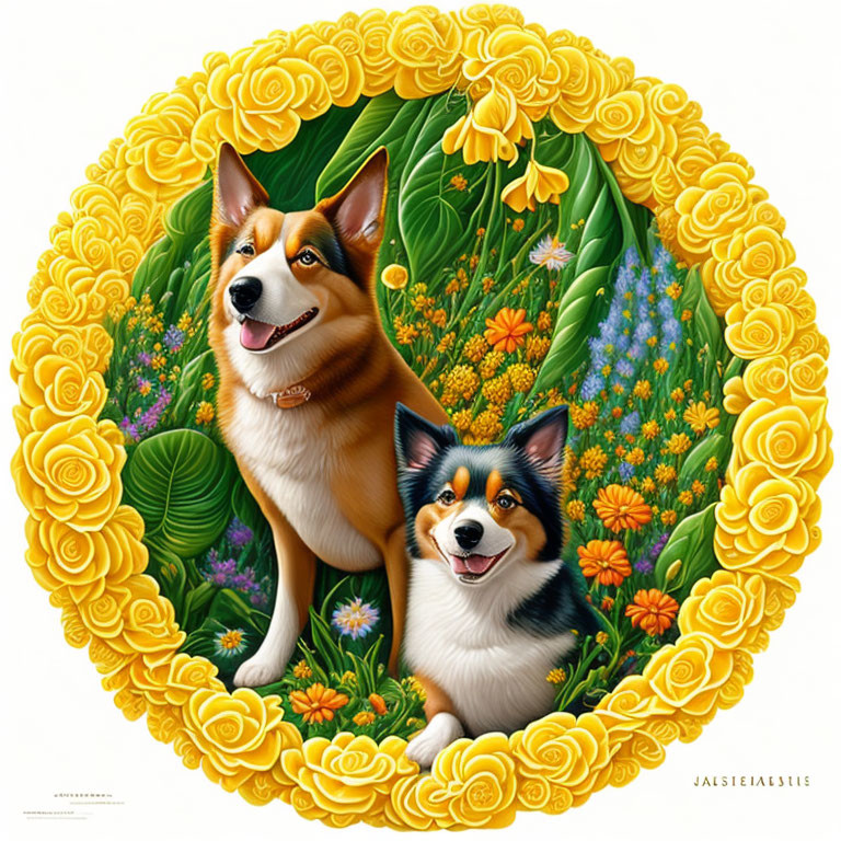 Two Pembroke Welsh Corgis in vibrant floral circle frame