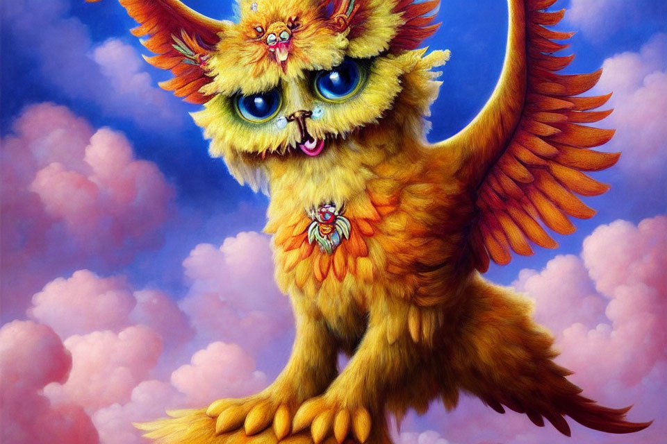 Colorful Fluffy Creature with Blue Eyes, Orange Fur, Wings, and Jewel