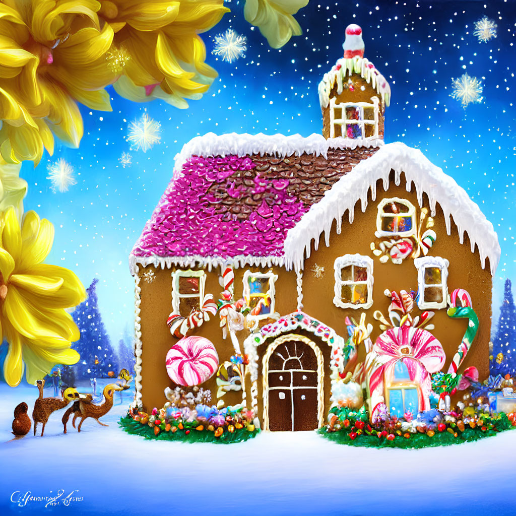 Colorful Gingerbread House with Candy Decorations and Snowy Night Sky