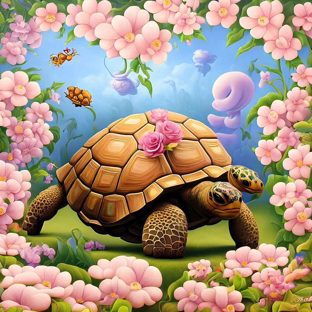 Vibrant turtle illustration with floral shell and buzzing bees in whimsical setting