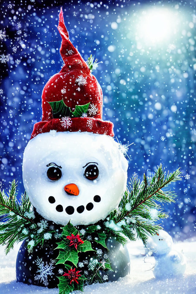 Snowman with Santa Hat and Greenery in Snowy Scene