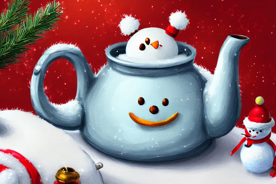 Snowman-themed teapot illustration with smiling face and snowman on red background.