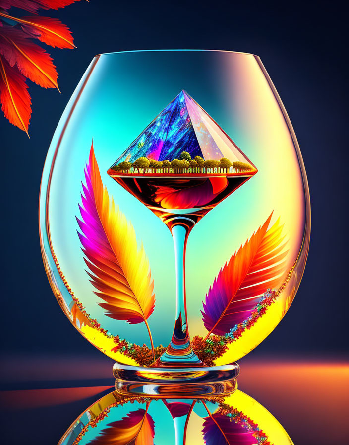 Vivid Digital Art: Wine Glass with Surreal Mountain Landscape