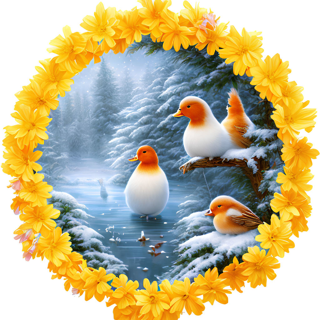 Vibrant ducks in wintry forest with yellow flower frame