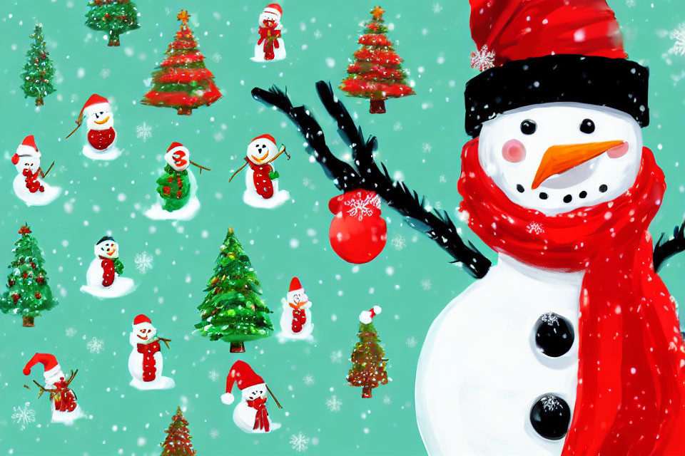 Winter snowman scene with dancing snowmen and Christmas trees on mint green.