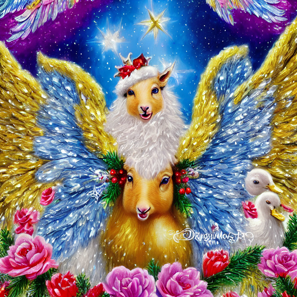 Illustration of angelic llama with blue wings in festive holiday scene