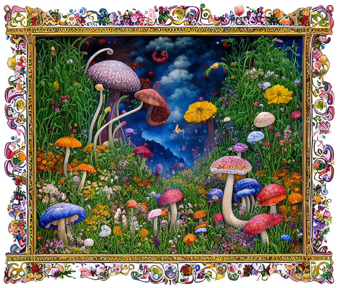 Illustration of Enchanted Mushroom Forest with Floral Frame