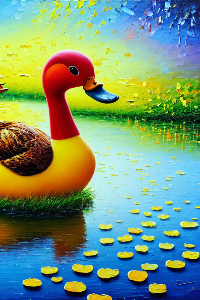 Colorful Toy Duck Floating on Water with Yellow Leaves in Rainy Stained Glass Scene