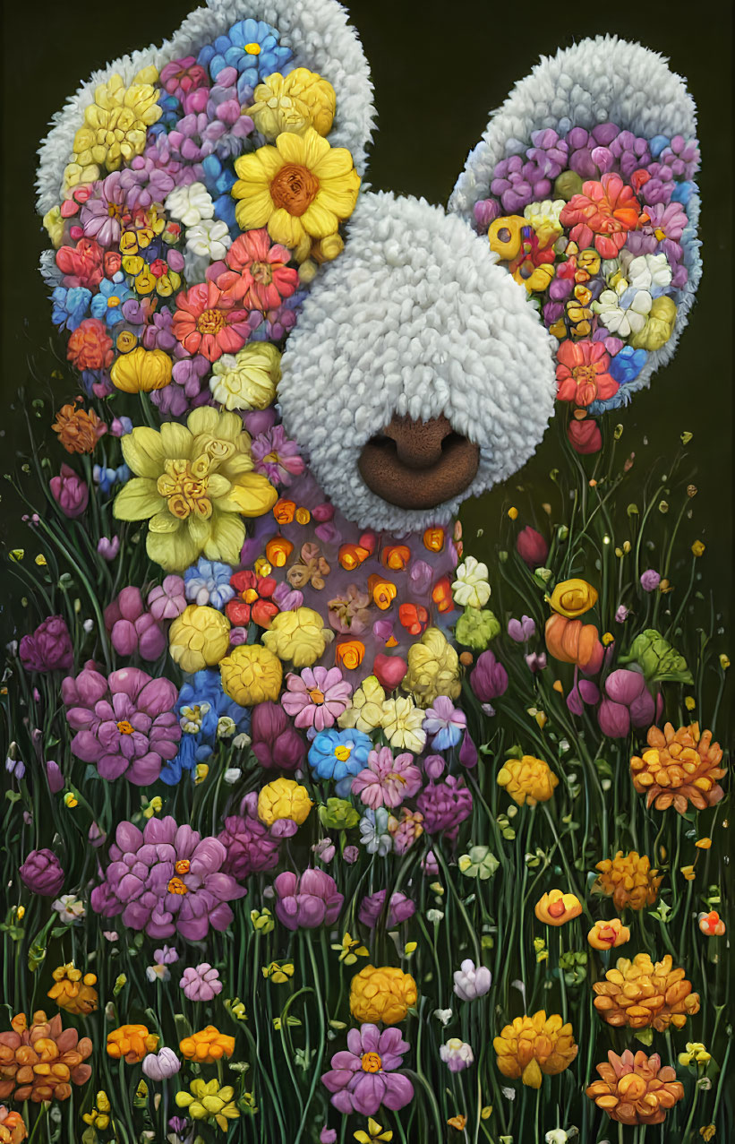 Vibrant flower sheep illustration on dark background