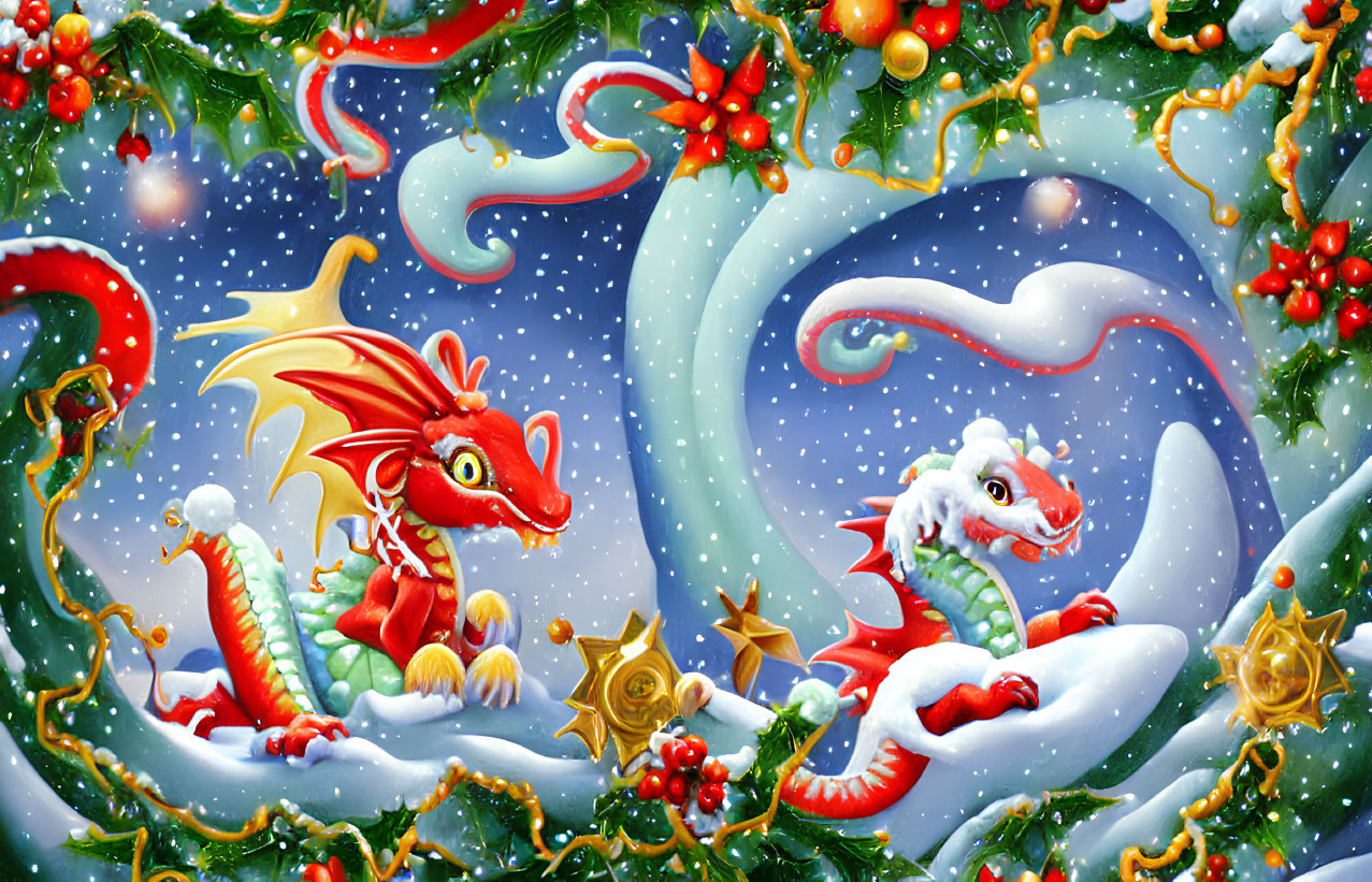 Festive illustration of whimsical dragons in Christmas setting