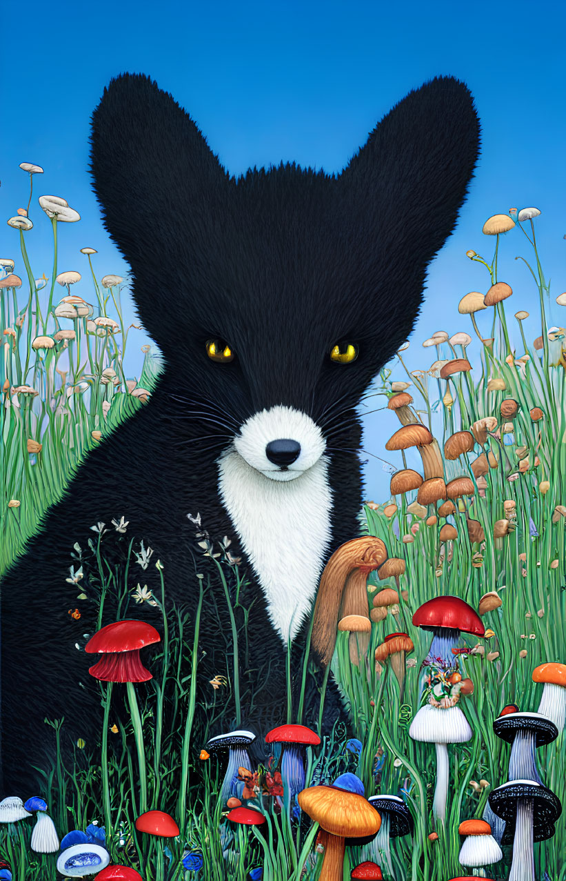 Stylized black fox with white face in colorful mushroom scene