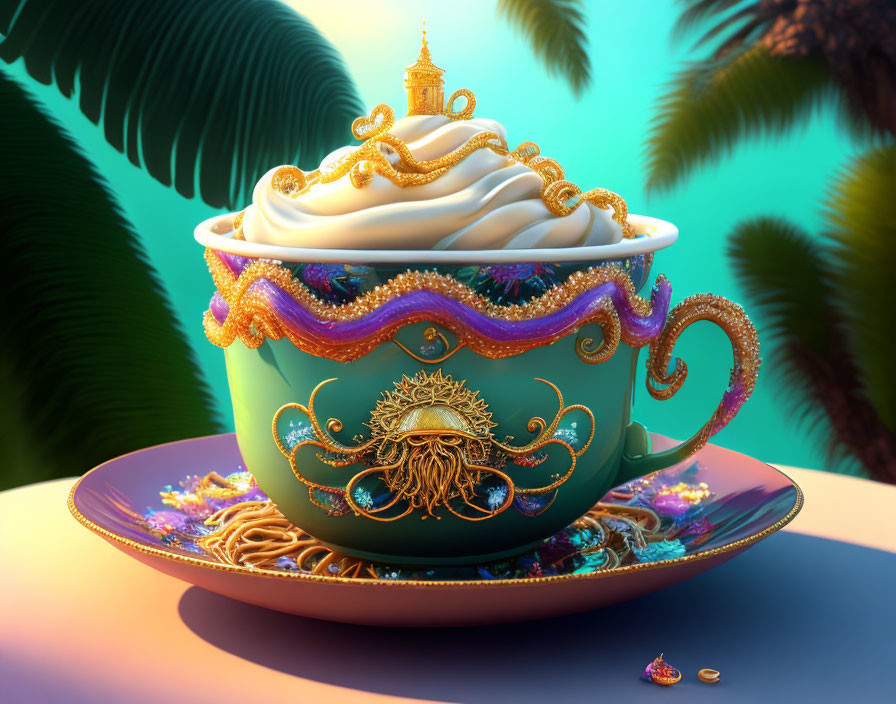 Teal Cup with Octopus Design and Tropical Background