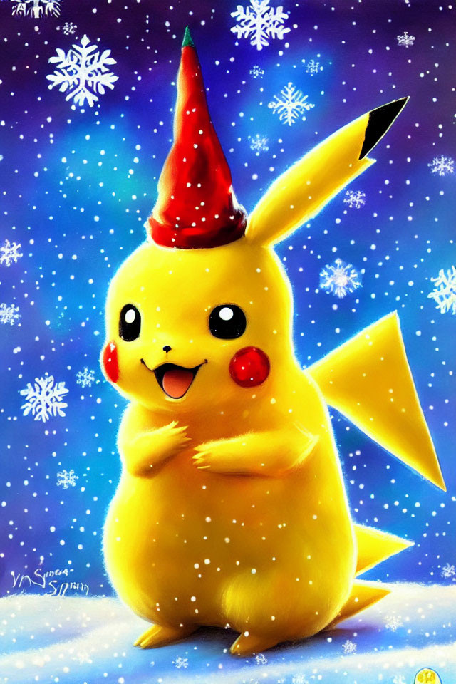 Pikachu in Santa Hat with Snowflakes Illustration