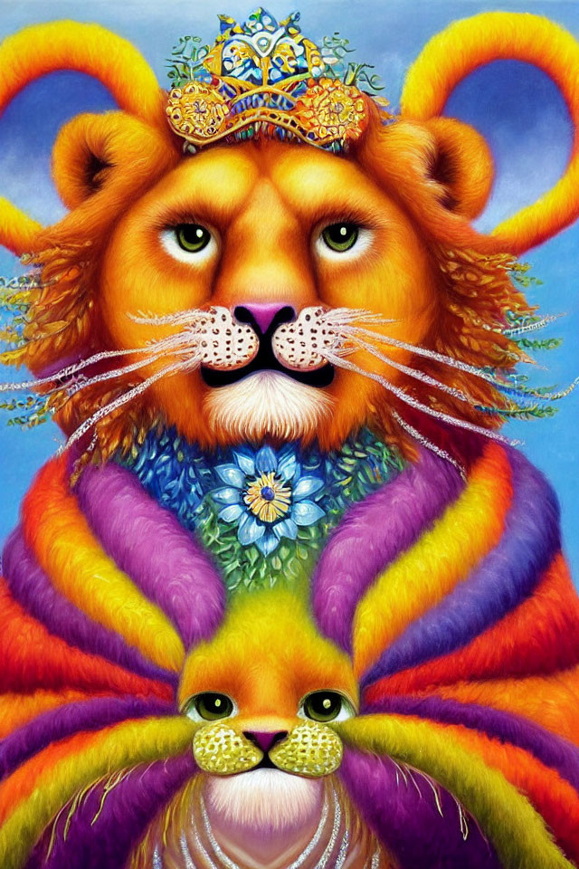 Vibrant painting of majestic lion with crown and smaller lion in colorful fur