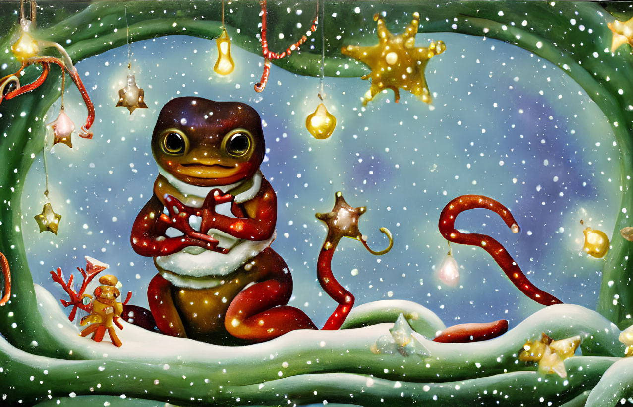 Festive Salamander in Santa Hat Surrounded by Winter Scene