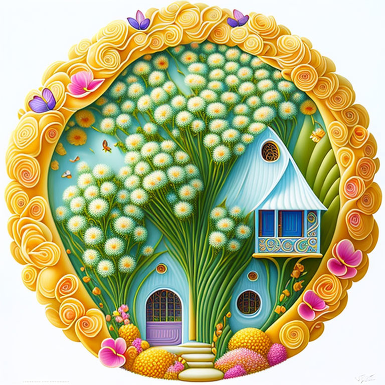 Circular Whimsical Artwork of Vibrant Fantasy House and Nature Scene