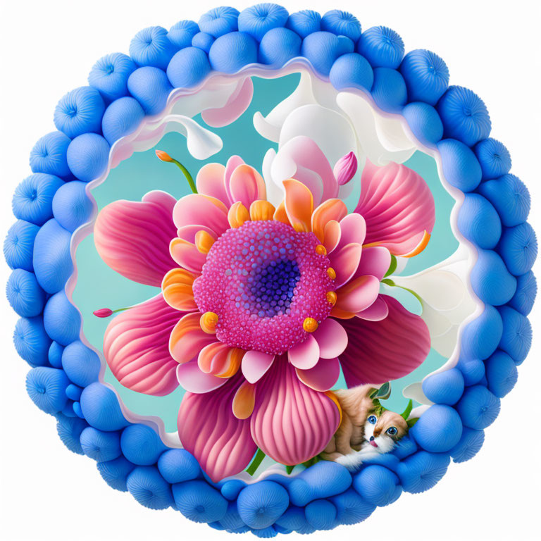 Colorful digital artwork: Pink flower, blue spheres, and adorable puppy