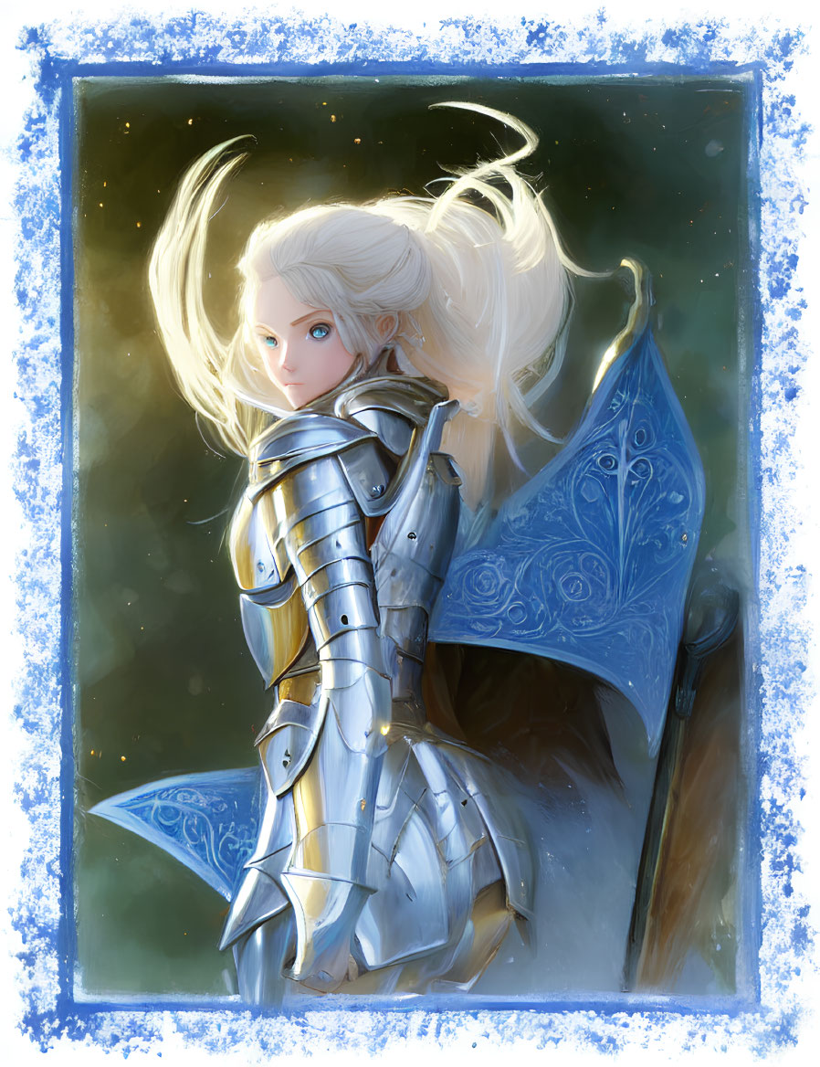 Illustrated female knight in silver armor with glowing white hair and flag on starry backdrop