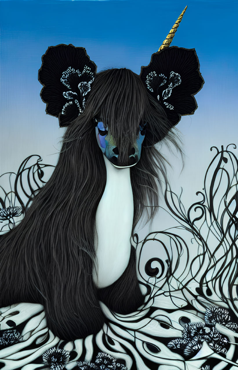 Fantasy Unicorn Illustration with Long Mane, Gold Horn, and Blue Eyes