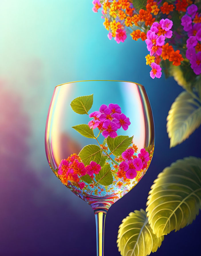 Vibrant pink and orange flowers in wine glass on colorful gradient background