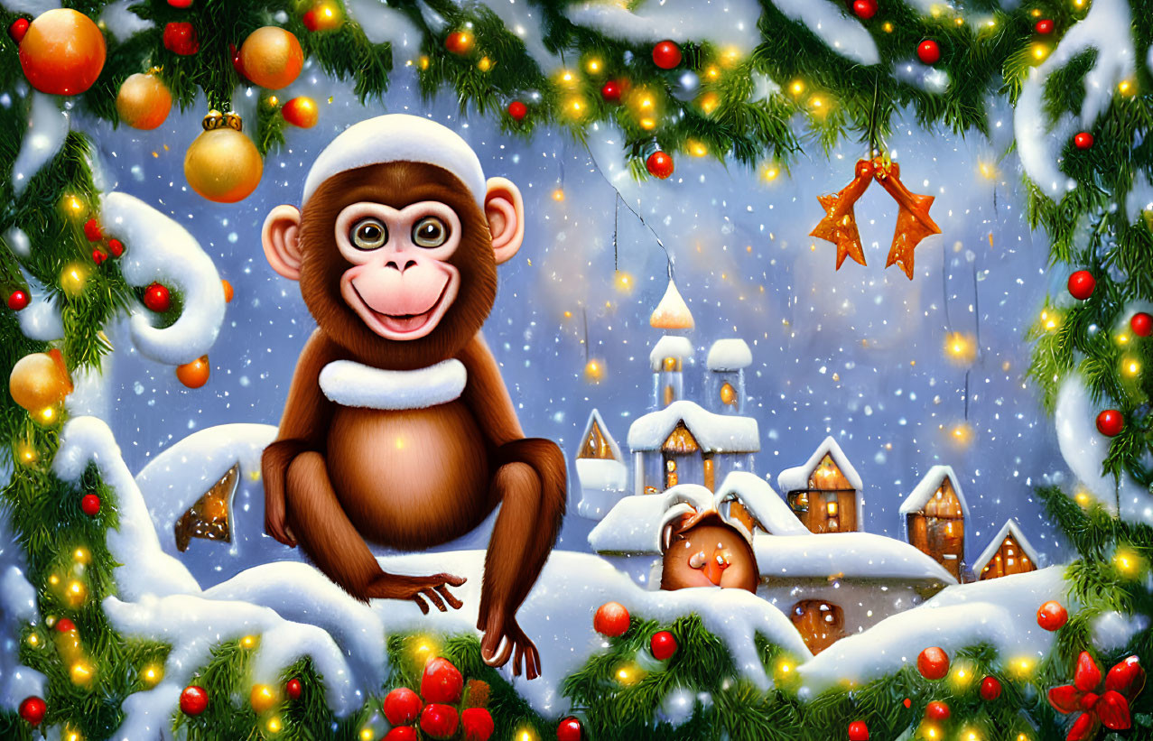 Festive monkey in Santa hat on snowy branch with village backdrop