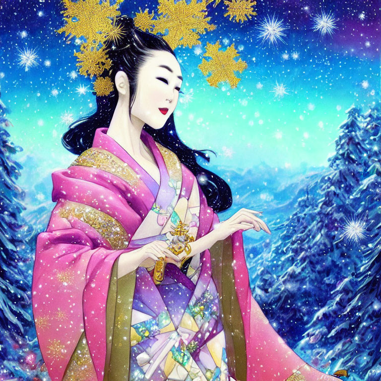 Traditional Japanese attire woman in snowy landscape with golden snowflakes