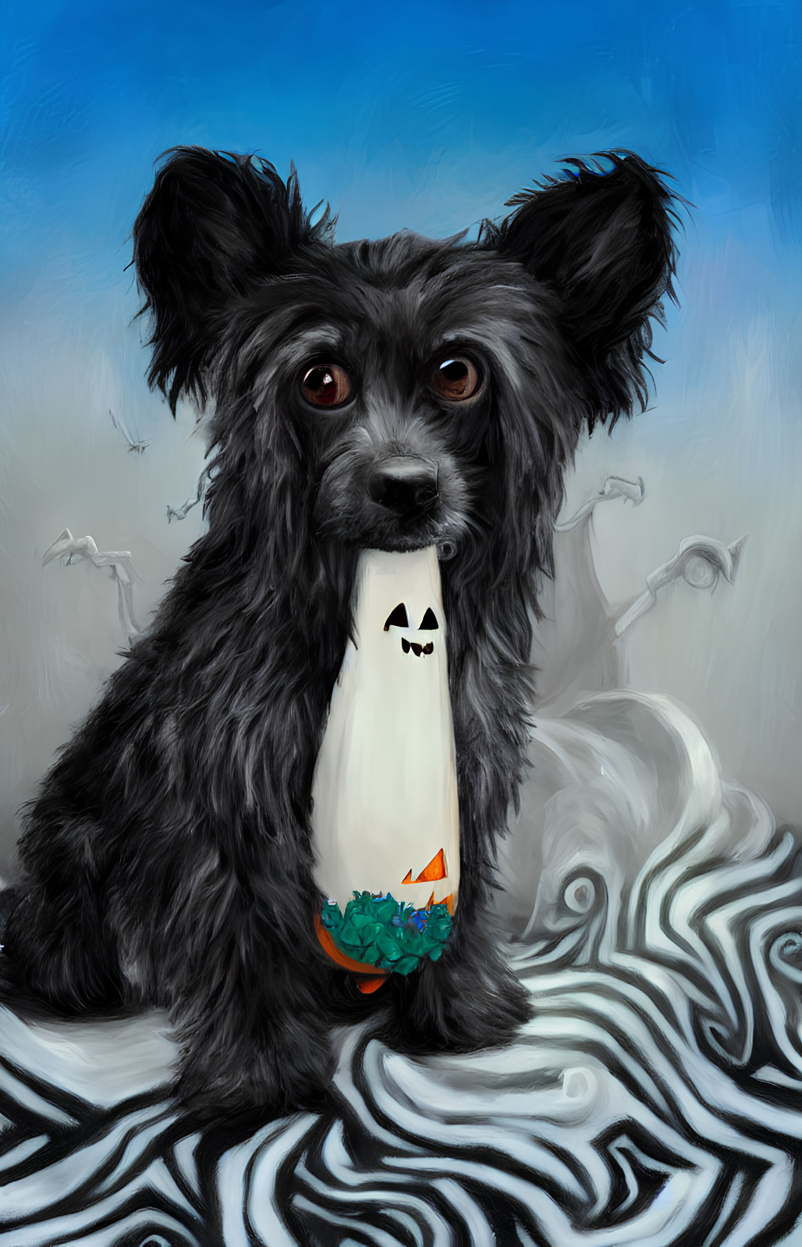 Fluffy black dog with expressive eyes holding ghost toy on swirly background