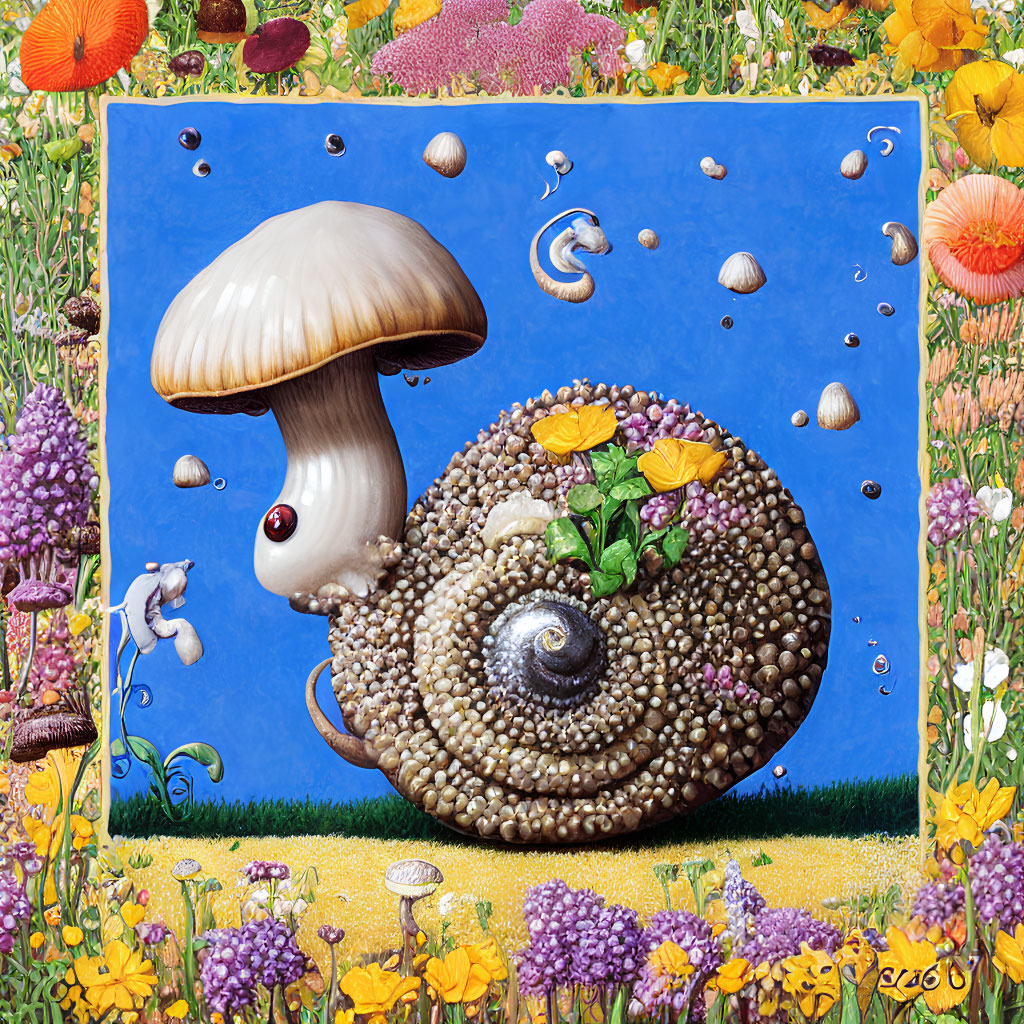 Whimsical snail painting with mushroom cap shell in vibrant flower landscape