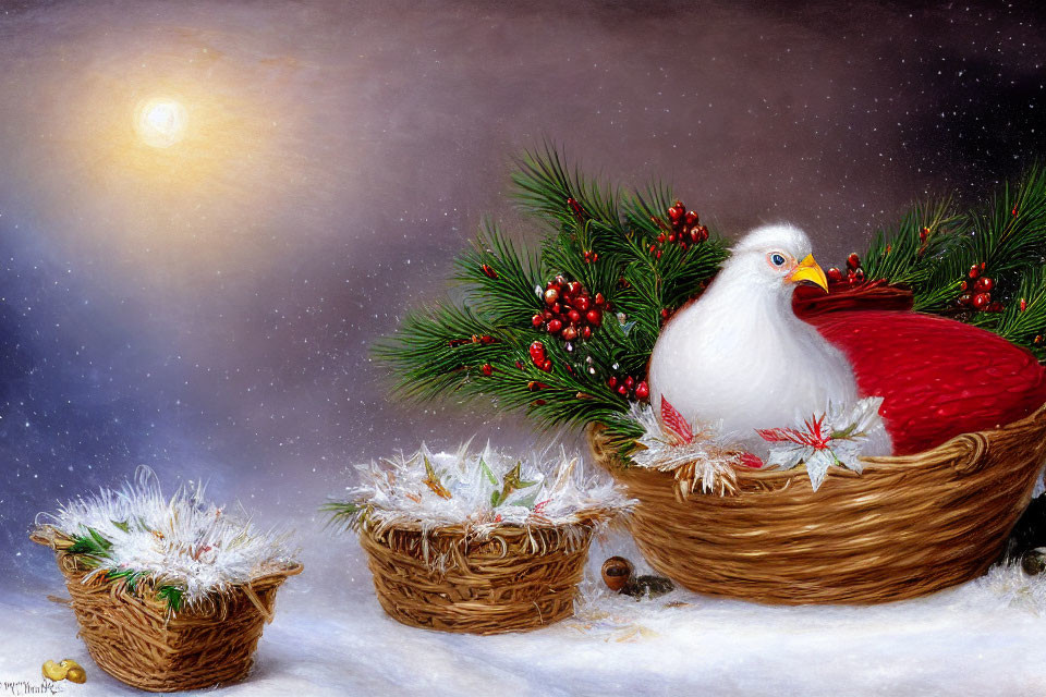 White bird in basket with pine branches and red berries on snow under glowing light