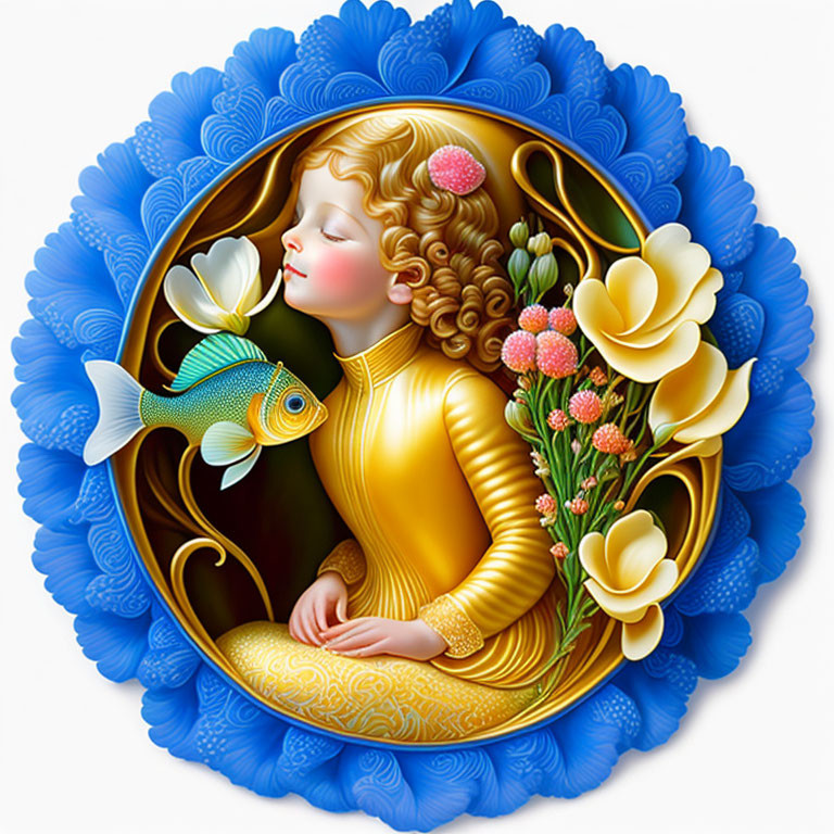 Child with Curly Hair Holding Fish Surrounded by Blue Flower Petals in Yellow Outfit