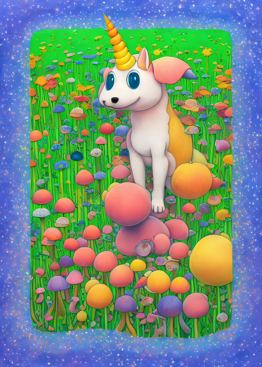 Illustration of unicorn puppy in colorful mushroom landscape