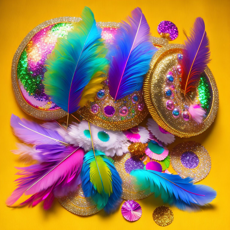 Vibrant feathers and sequined carnival masks on yellow backdrop