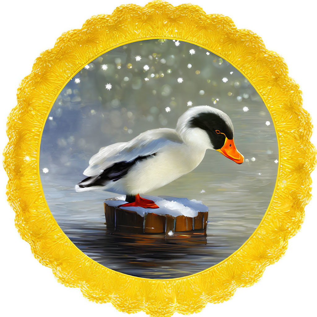 Illustration of Black-Headed Duck on Snowy Platform with Yellow Border