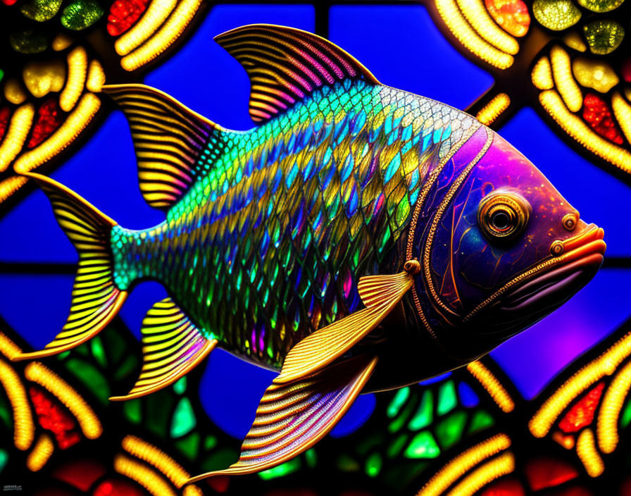 Colorful Fish Stained Glass Artwork on Blue and Purple Background